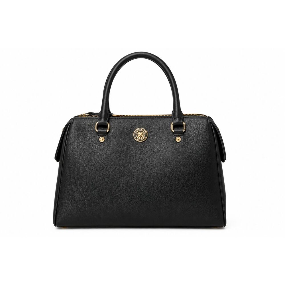 Anne Klein Black Leather Satchel Handbag – Gold Hardware